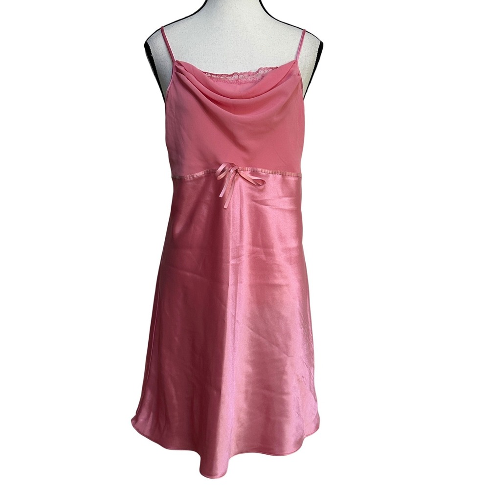 Delicates VTG Pink Satin Slip Dress M Lace Coquette Balletcore Y2K Cowl Neck Bow